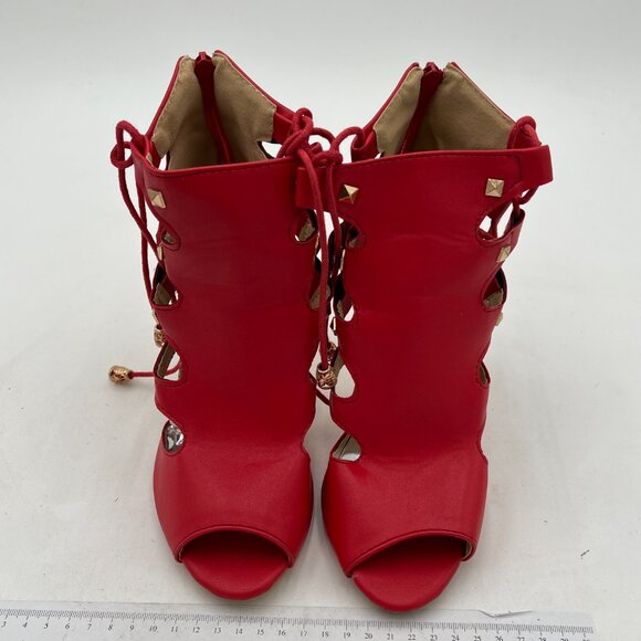 Red Classic Gladiator Lace Up Sandals High Heels Peep Toe Zipper Cage Shoes - Picture 2 of 6